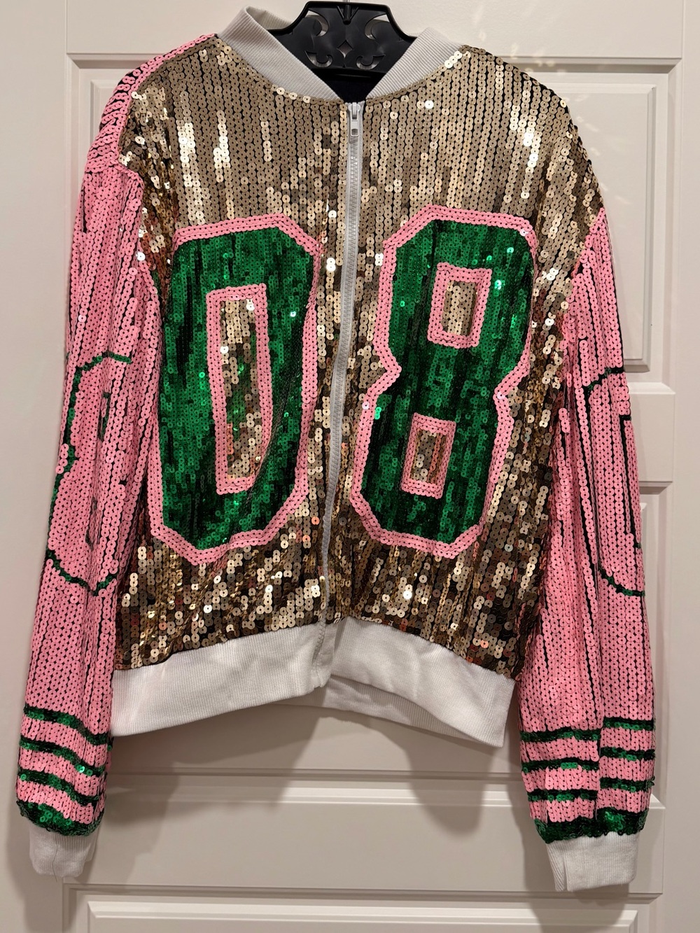Sequin Number Bomber Jacket in Pink, Gold & Green